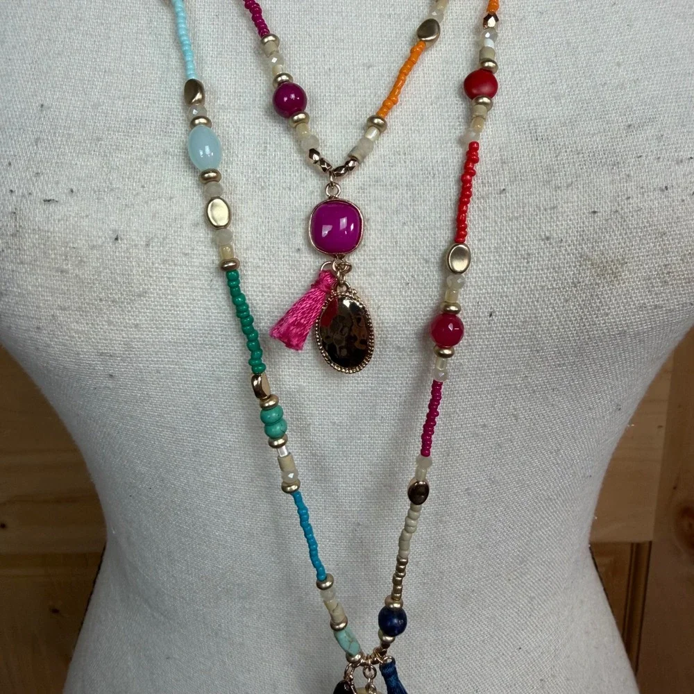 Chico's‎ Triple Strand Boho Layered Necklace Beaded with Tassels & Charms